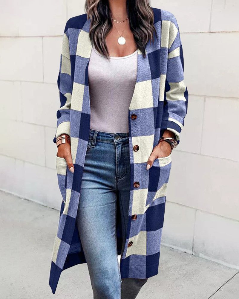Women's Loose Plaid Button Pocket Woolen Coat Cardigan