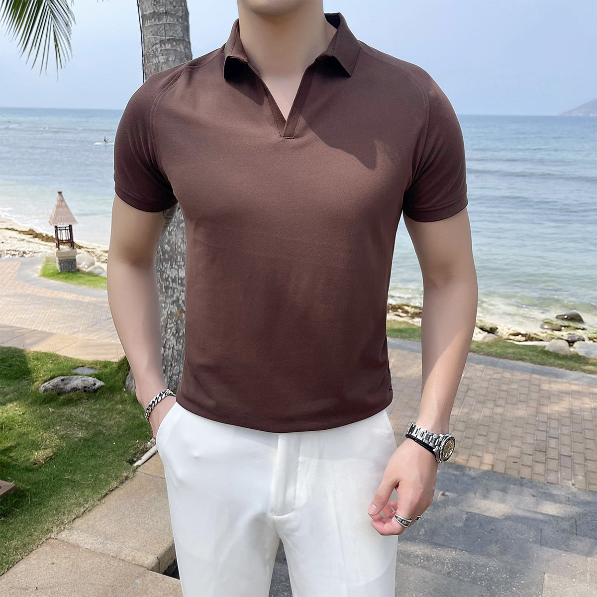 V-neck Short Sleeved Men's Style