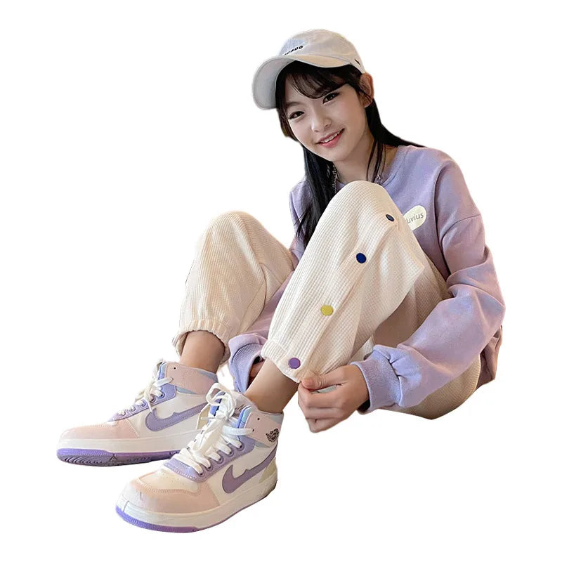 Contrast Girls Sweatshirt+Waffle Sweatpant Sets School Kids Tracksuit Students Jogger Suit Children 2 Pieces Outfits 5-16 Years