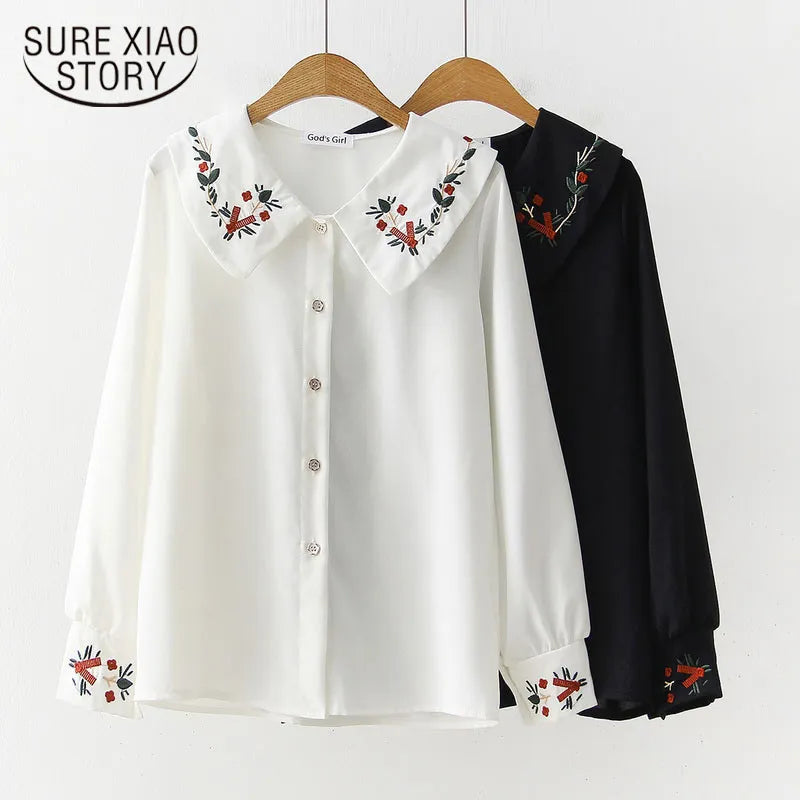 White Women Blouse Long Sleeve Cotton Embroidery Blouse Lady Casual Button Design Turn Down Collar Female Shirt