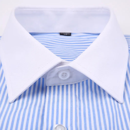 Men's Classic French Cuffs Striped Dress Shirt Single Patch Pocket Standard-fit Long Sleeve Wedding Shirts