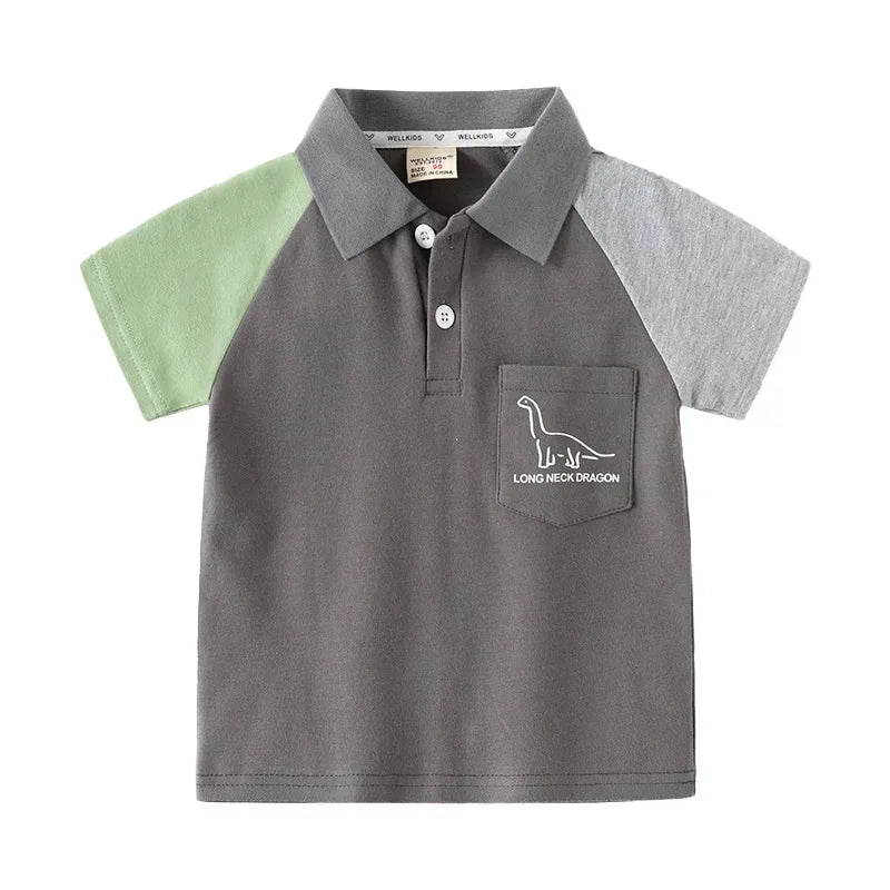 Boys Casual Polo Shirts Summer Kids Fashion Cartoon Dinosaur Patchwork Short Sleeve Lapel T-shirt Tops Children Clothing