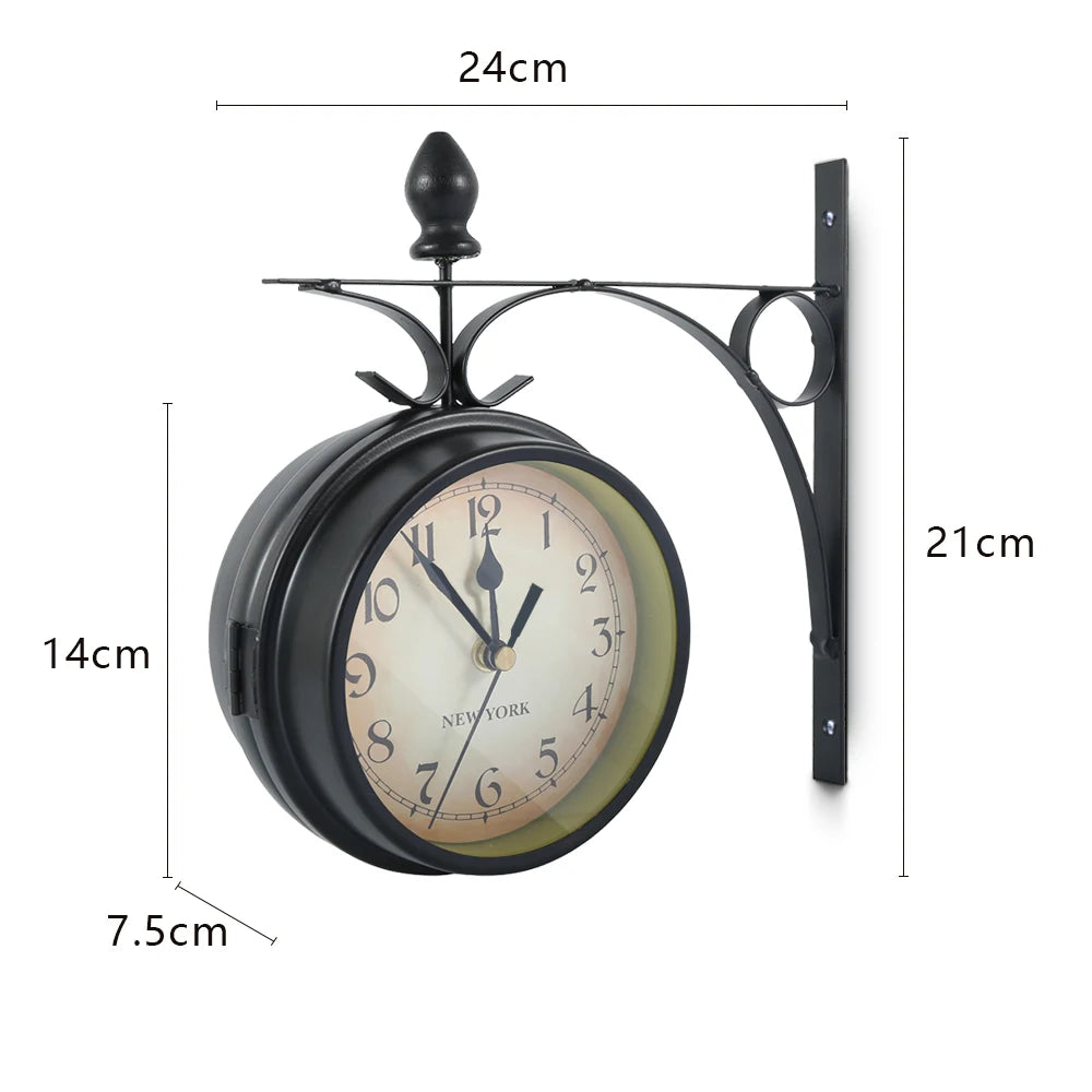 Wall Clock Retro Double-Sided Station Clock Battery Operated Silent Clock with Wall Mounting Kit Antique Wall Clock for Home