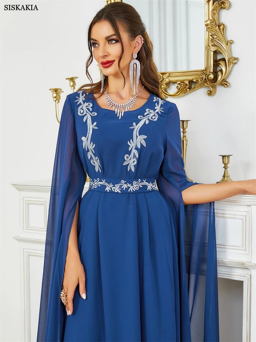 Dubai Moroccan Fashion Embroidery Chiffon Super Long Sleeve Evening Party Gown Jalabiyat Turkish Gulf Belted Dress