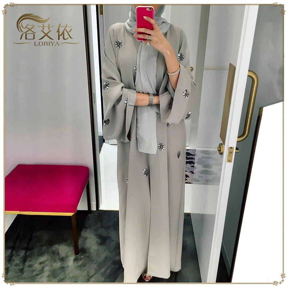 Luxury Open Abayas Beading Women Maxi Dress Kaftan Modest Cardigans Jilbab