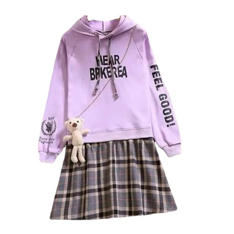 Teenager Girls Autumn Winter Kids Sweater Dresses Princess japan JK plaid hoodie checked :sweatshirt