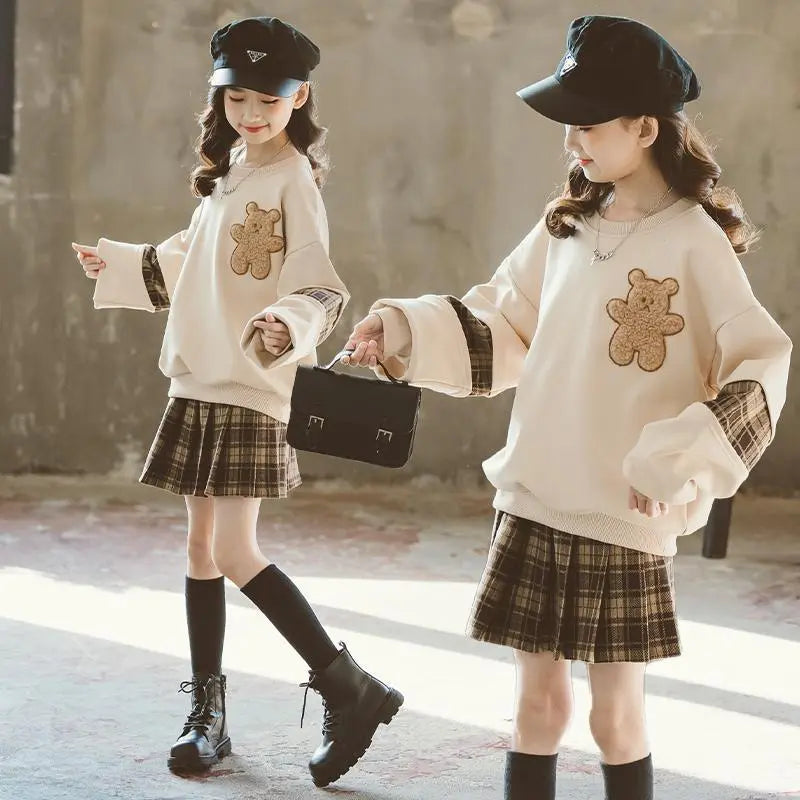 autumn winter Girls Clothes teenager bear hoodie t shirt + plaid spring JK pleated skirt uniform 4 5 6 7 8 9 10 11 12 year kids girls toddlers