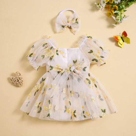 Newborn Baby Girl Puff Sleeve Embroidery Leaves A-line Romper Dress with Bowknot Headband Summer Cute Clothes
