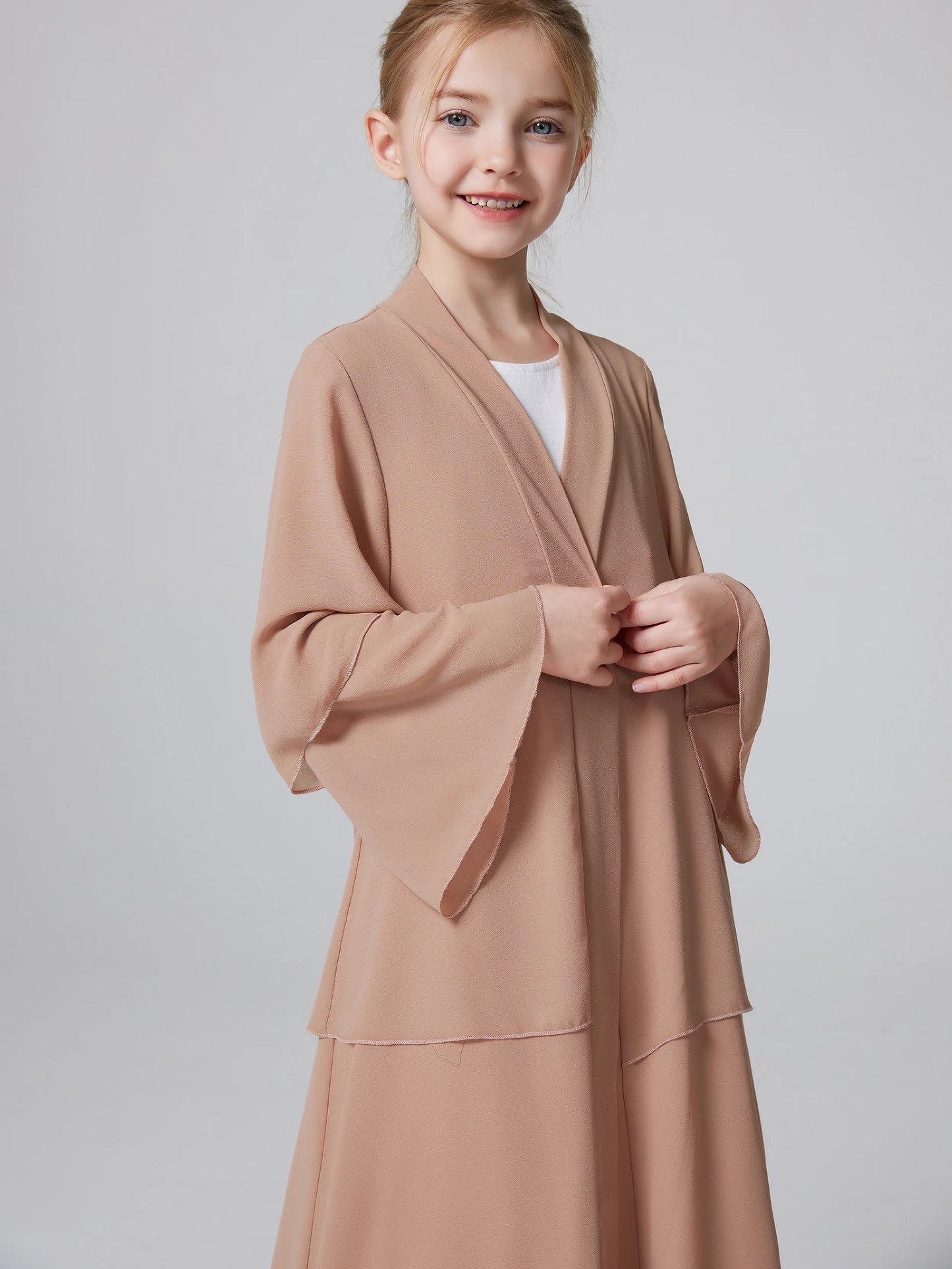 Ramadan Muslim Girls 3 Layered Chiffon Kids Abaya Dress Open Front Abaya Kebaya Outerwear (Without Hijab)