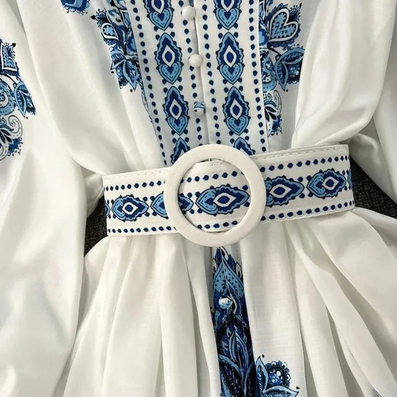 Women Bohemian Dress Spring Summer Print Long Lantern Sleeve V Neck Corset Slim Button Pleated Dress Women Vacation Dress