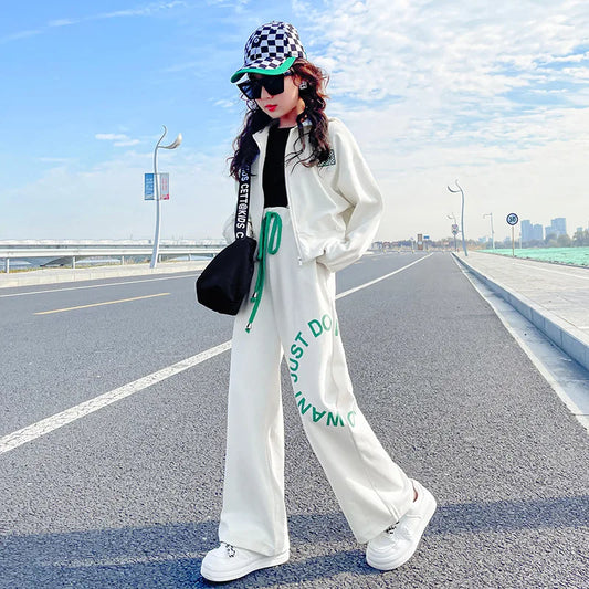New Girls Letter Teen Casual Clothes Set two piece Jacket Jogger Pants Suits Grey Color Children Suits
