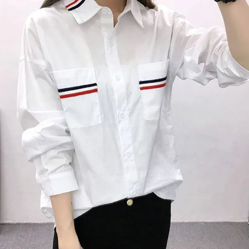 Long Sleeve Loose Turn-down Collar Spring Summer Business Casual Patchwork Pockets Solid Simplicity Blouses Women's Clothing