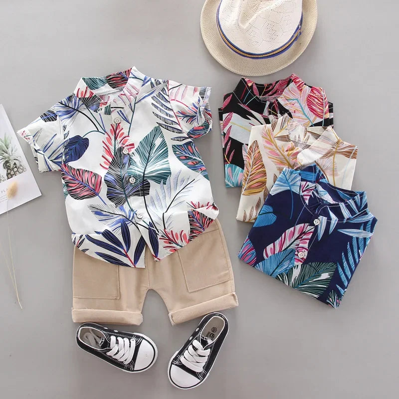 Summer Boys Short Sleeve Set Children Printed Casual Shirt T-shirt+Shorts 2 Piece Clothing Baby