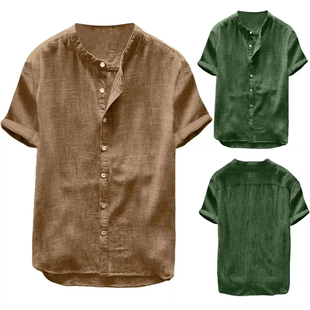 Skin-friendly Casual Short Sleeve Linen Buttons Cotton Solid Color Loose Men Comfortable Shirt Skin-friendly Down Beach Shirt to