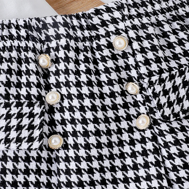 Kid Girl Fall 3Pcs Outfit Long Sleeve Round Neck Tops Houndstooth Skirt Beret Set Elegant Clothes for Fall kids girls toddlers