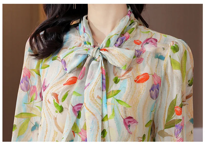 Women Autumn Casual Chiffon Tops Blouse Bow Neck Shirt Long Sleeve Fashion Blouses Clothes Blouses Major