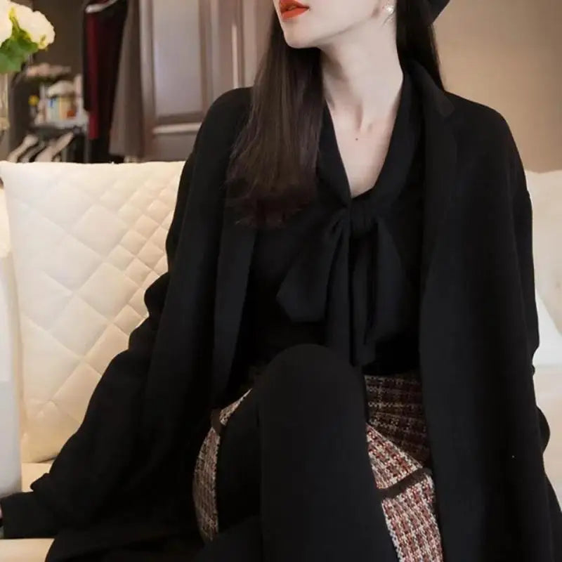 Autumn Winter New Fashion Fashion V-Neck Bow Spliced Knitted Long Sleeve Solid Color Simplicity Slim Women's Casual Sweaters Top