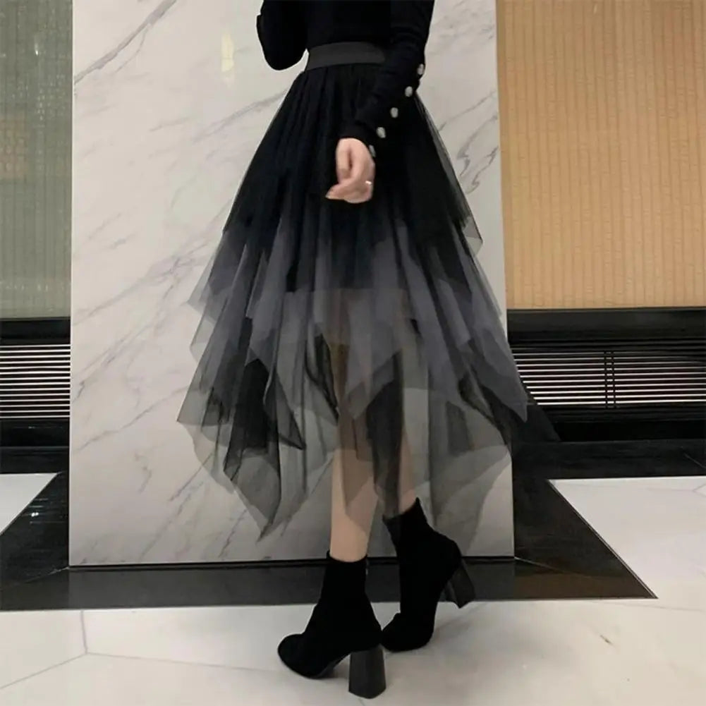 Irregular Gradient Color Skirt Colorful Mesh Multi-layered Midi Skirt with High Elastic Waist for Women Irregular Soft for Women