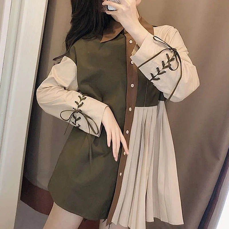 Vintage Female Pleated Spliced Long Sleeve Shirt Stylish Spring Women's Clothing Casual Loose Button Lace Up Blouse