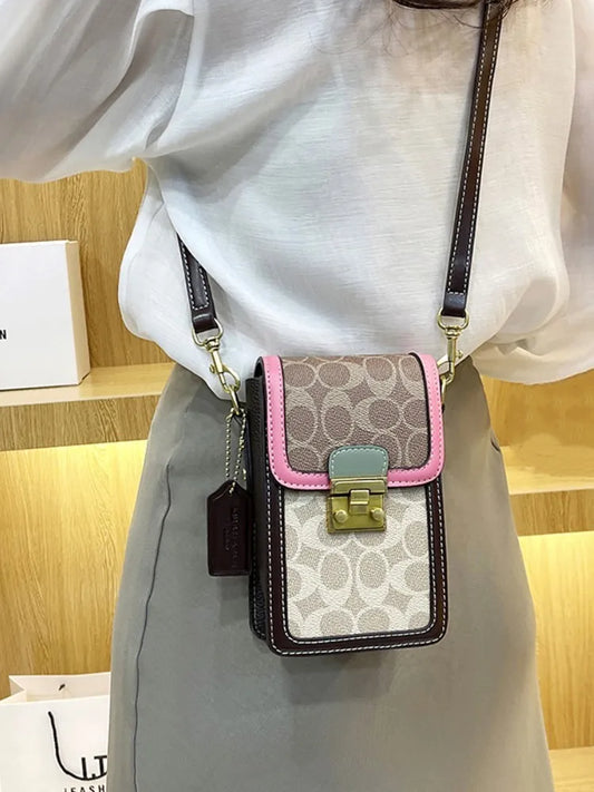 Mobile phone bag for women's retro trendy print crossbody contrast color shoulder bag vertical small square bag for mini bag