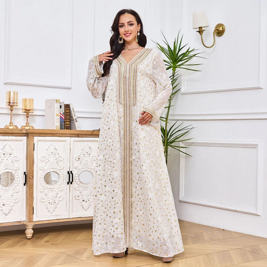 Moroccan Caftan Woman White Long Sleeve Robe Muslim Women Clothing Abaya Luxury Dubai Maxi Evening Wedding Party Dress