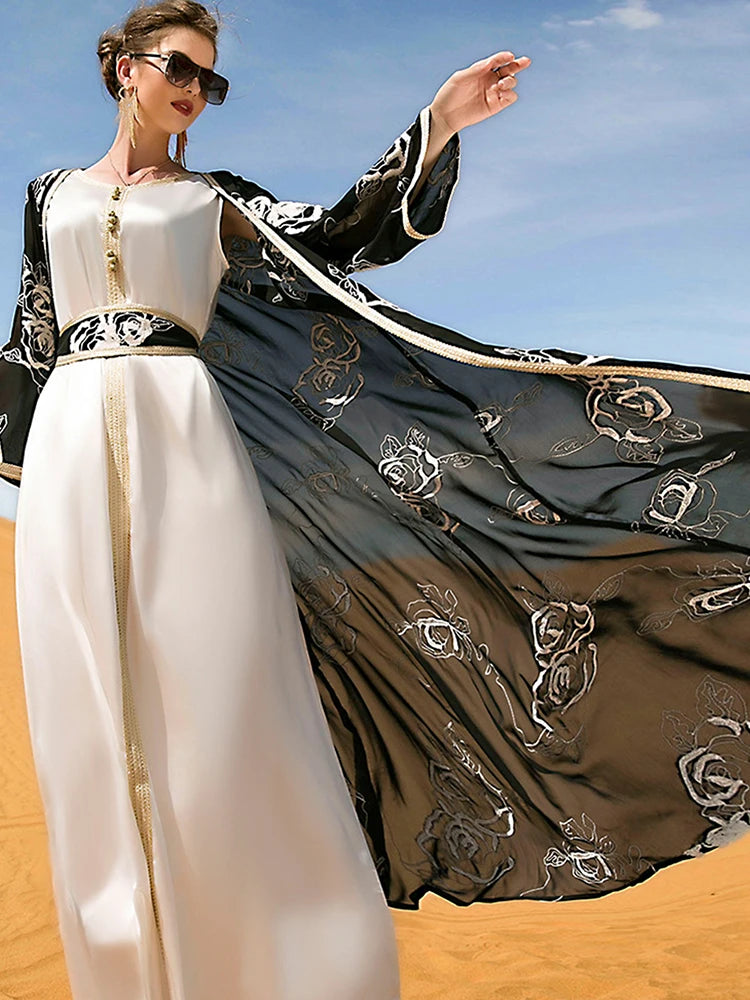 woman Dress Arabic Long Sleeved Round Neck Floral Embroidered Cardigan Two Piece