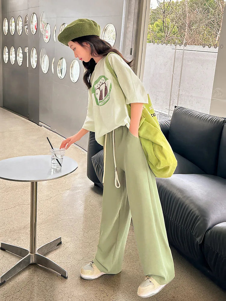 autumn Girl Clothes Outfits New Korea Short Sleeve half sleeve T-shirt + wide leg Pants Trousers Teens 6 7 8 10 11 12 year