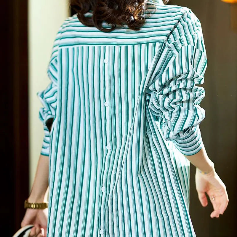 Spring Autumn Striped Stylish Letter Embroidery Blouse Korean Loose Women's Clothing Commute Single-breasted Lapel Midi Shirt