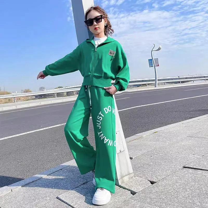 autumn winter Girls Teenager tracksuit sport narrow waist zipper Jacket hooded + letters pants child set 4 7 10 5 9 12 year