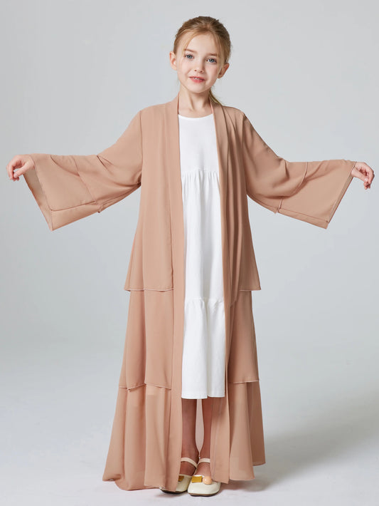 Ramadan Muslim Girls 3 Layered Chiffon Kids Abaya Dress Open Front Abaya Kebaya Outerwear (Without Hijab)