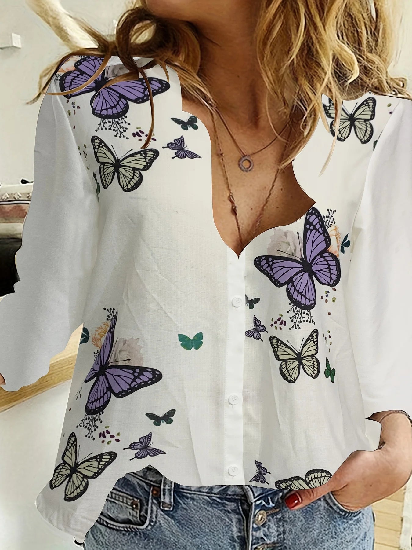 Fashion Retro Butterfly Group Print Long Sleeve Blouse Spring Spring Lapel Button Casual Blouse Ladies Home Shirt