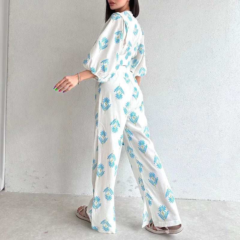 Summer Fashion Print Two Piece Set Women Causal Lace Up Puff Sleeve Top Wide Leg Pants Two Piece Set Women
