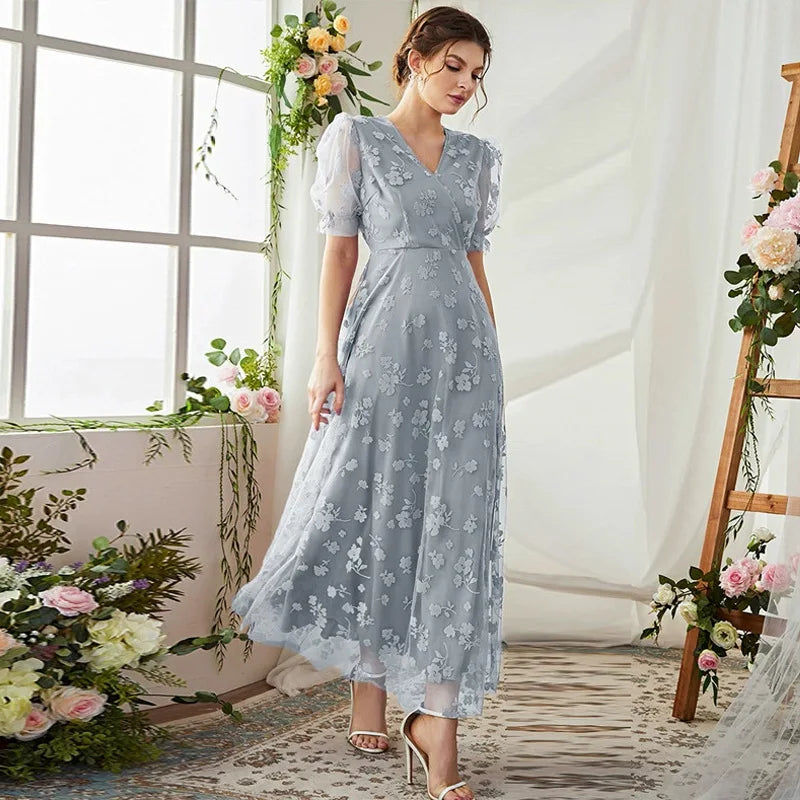 Women Casual Elegant Maxi Dresses New Summer V-Neck Puff Sleeve Mesh Slim Printed Swing Turkish Evening Party Robe