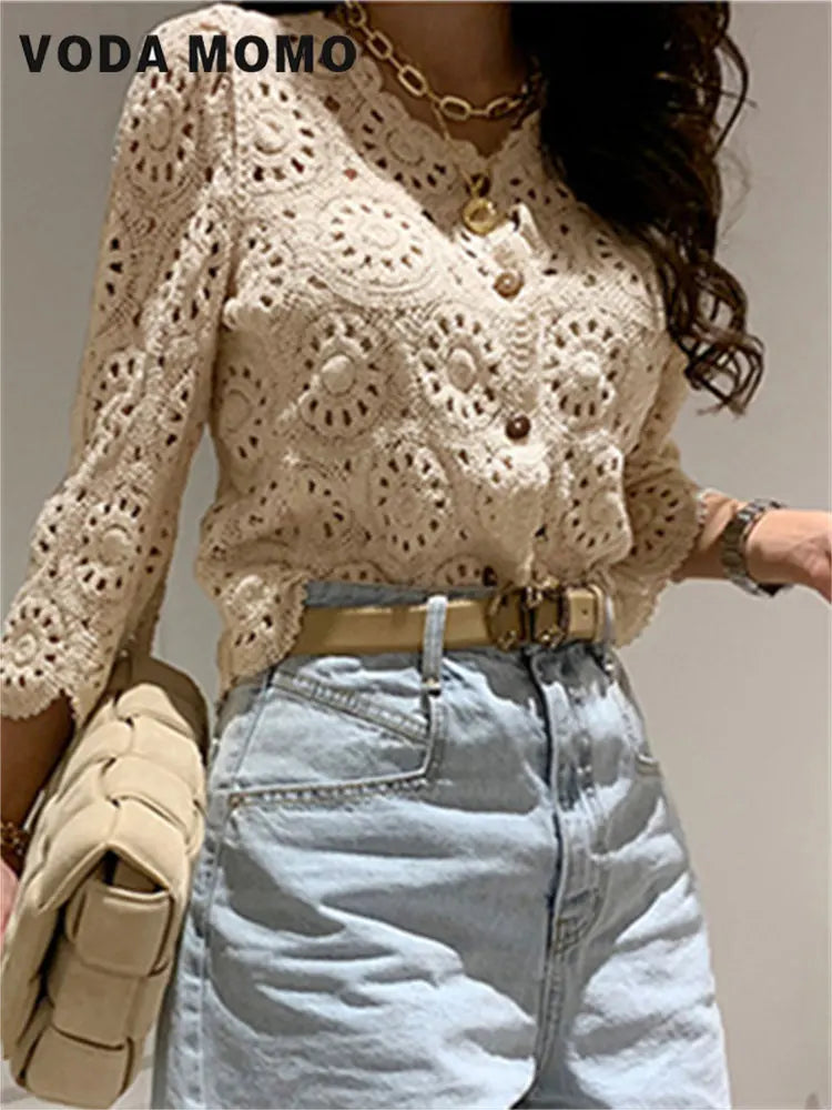 Chic Blouses Sweet Tops Hollow Out Full Sleeves Hook Flowers Stylish Cardigans Vintage Women