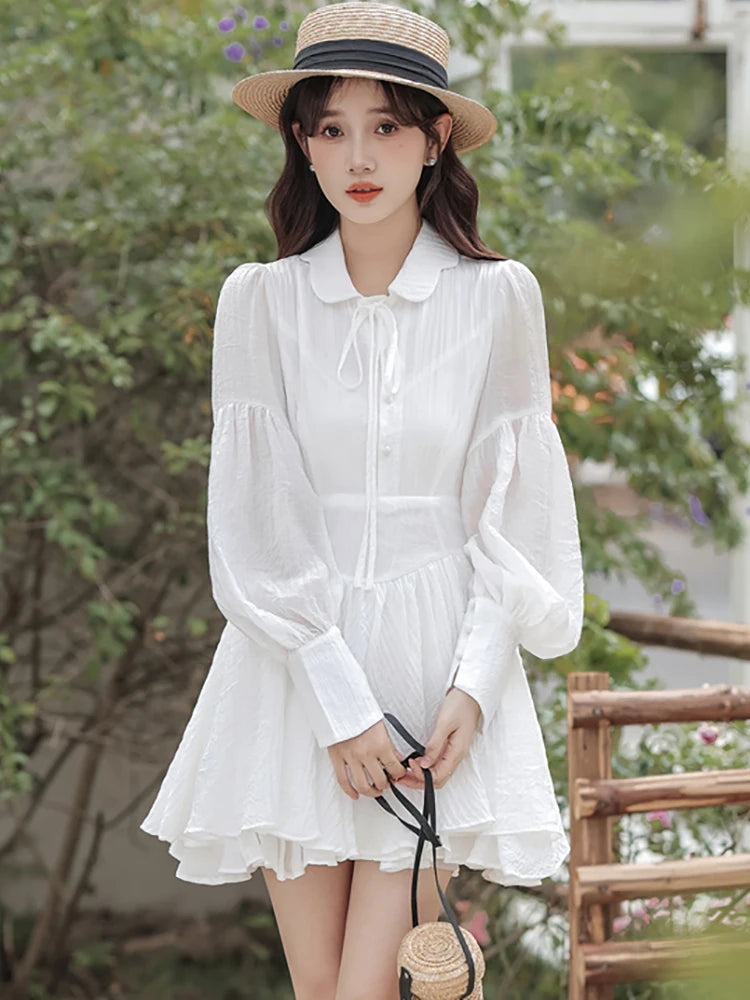 Spring Summer White Chiffon Bow Polo Collar Mini Dress 2024 New Elegant Bodycon Ruffled Dress Women Korean Casual Party Vestidos