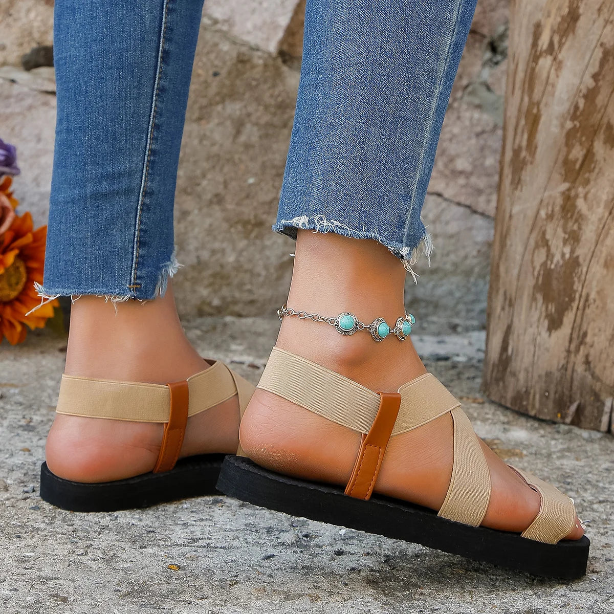Women's fashion trend elastic anti-slip wear-resistant soft soled flat sandals