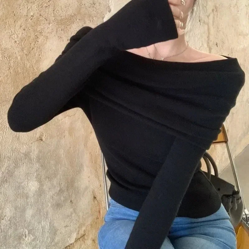 Slash Neck Sweater Off Shoulder Knitwear Jumper Korean Fashion Women Slim SexyY2k Autumn Winter Clothing Pink Black Apricot