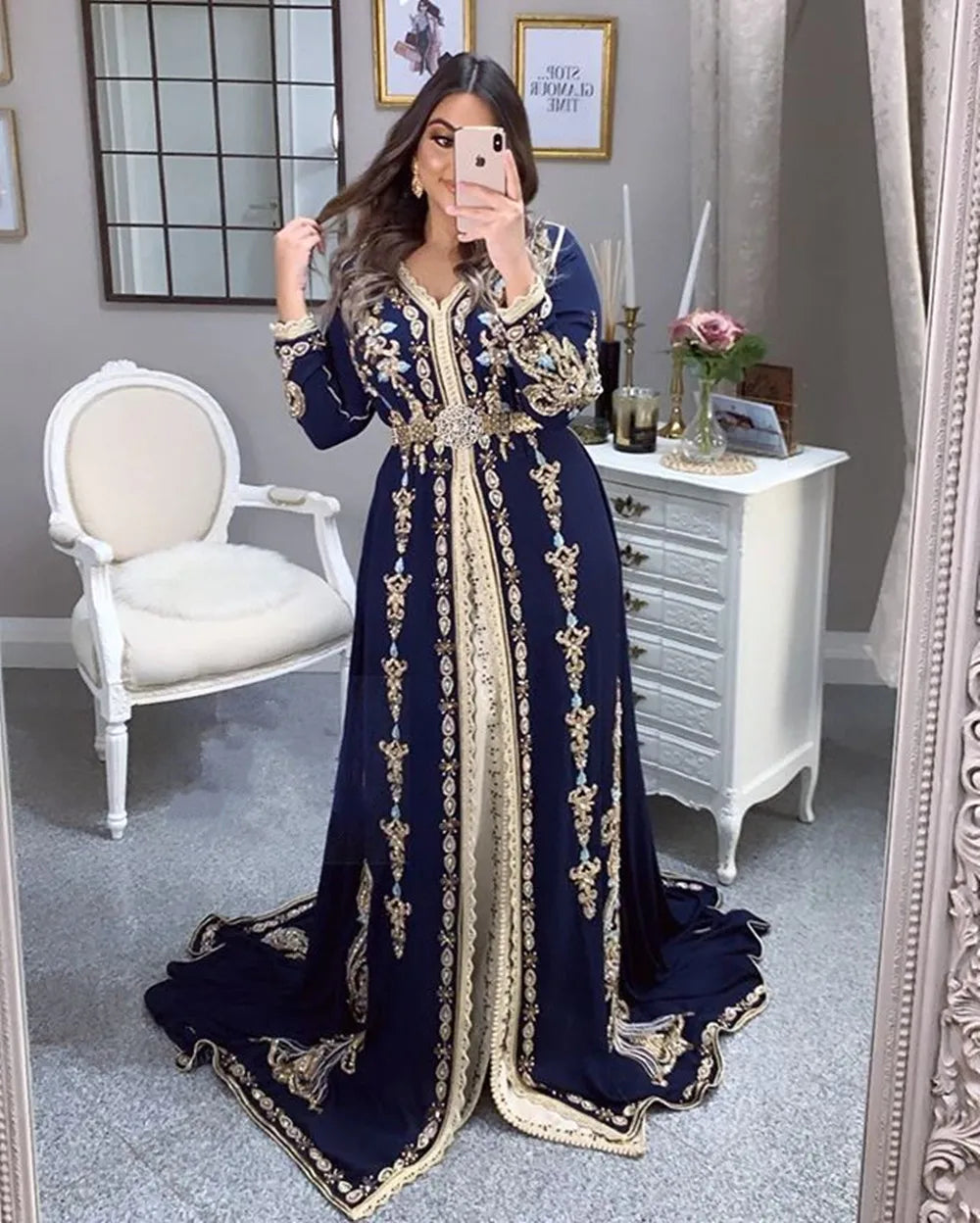 Caftan Navy Blue Evening Dresses For Women Party Gown A-Line Long Sleeves Appliques Formal