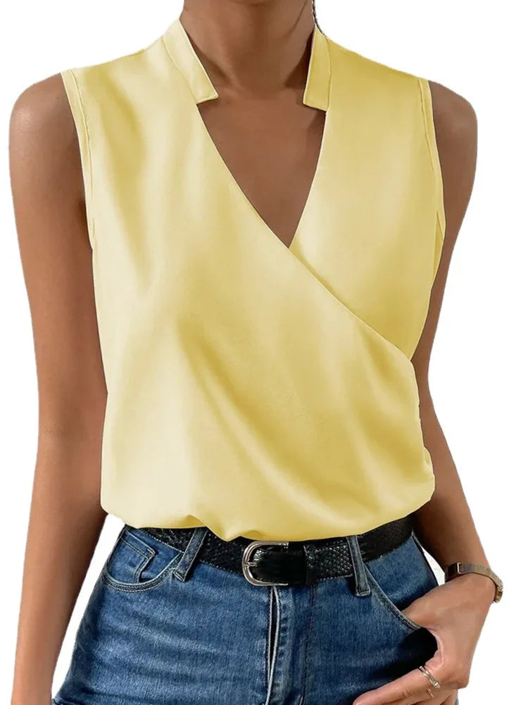 Sleeveless Tank Shirt Blouses Tops Women's Fashion V-Neck White Vest Female Casual Shirts Top