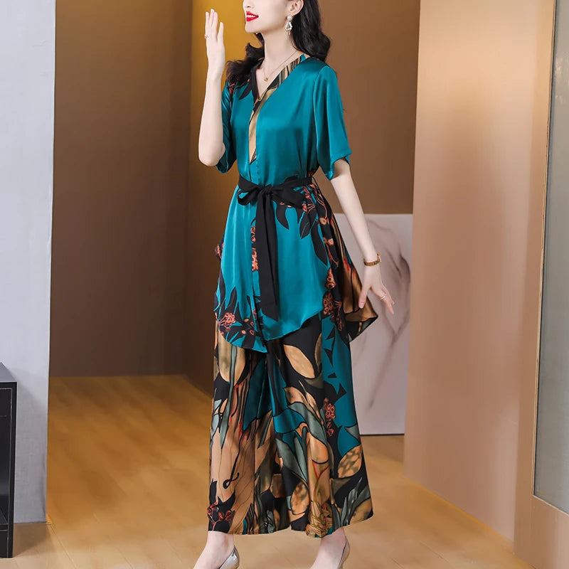 Summer New Silk Short Sleeve Set Satin Flower Print Medium Length Shirt Wide Leg Pants Women's Pants Two Piece Set