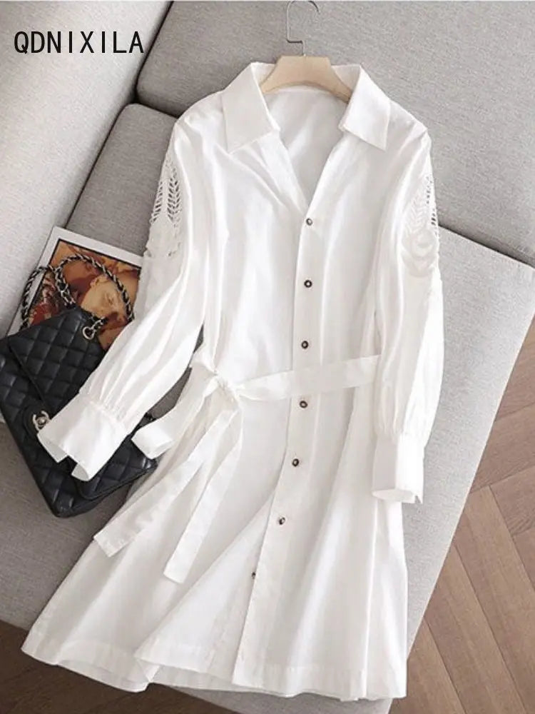 Women's Dress Hollow Out Design White Dresses Long Sleeve Shirt Summer Dress One Piece Dress Elegant and Pretty Women's Dresses
