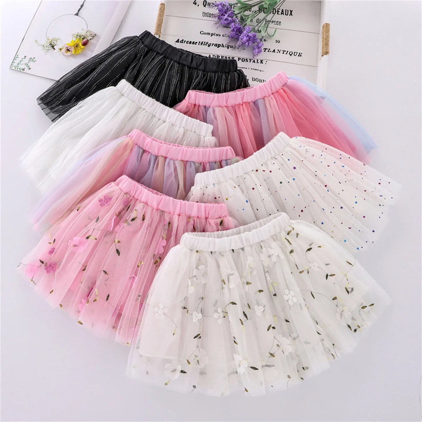 Kids Embroidery Tulle Tutu Skirt With Plaid Striped Rainbow Flower For Girls