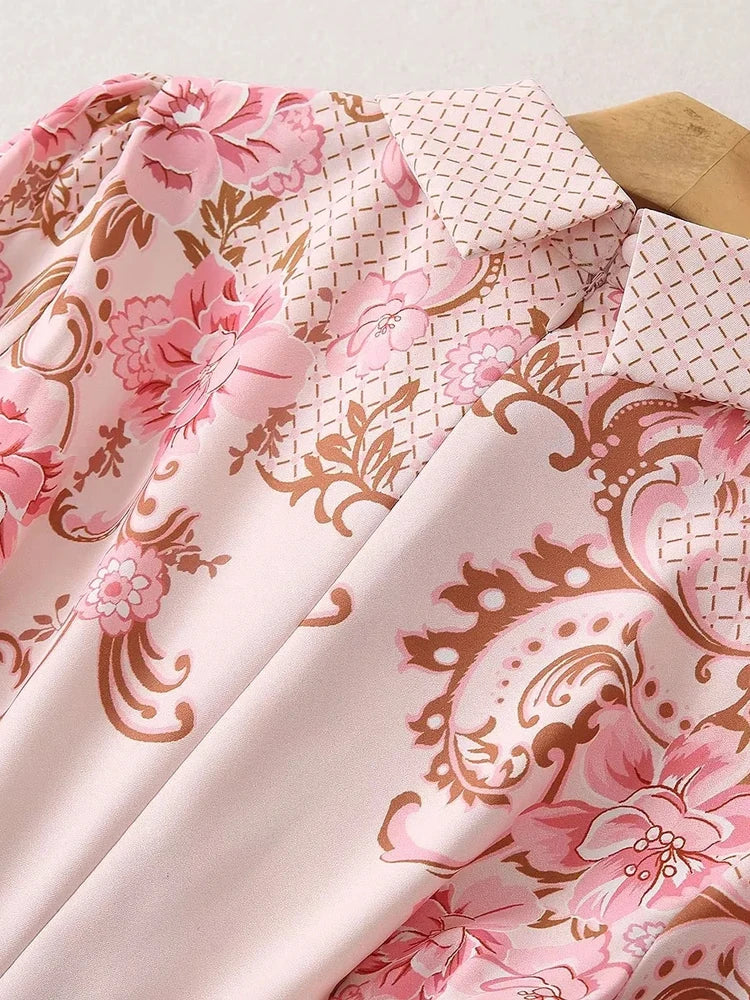 Spring Fashion Runway Dress Women Long Sleeve Ruffles Floral Print Midi Pleated Vestidos Casual Holiday Pink Dresses