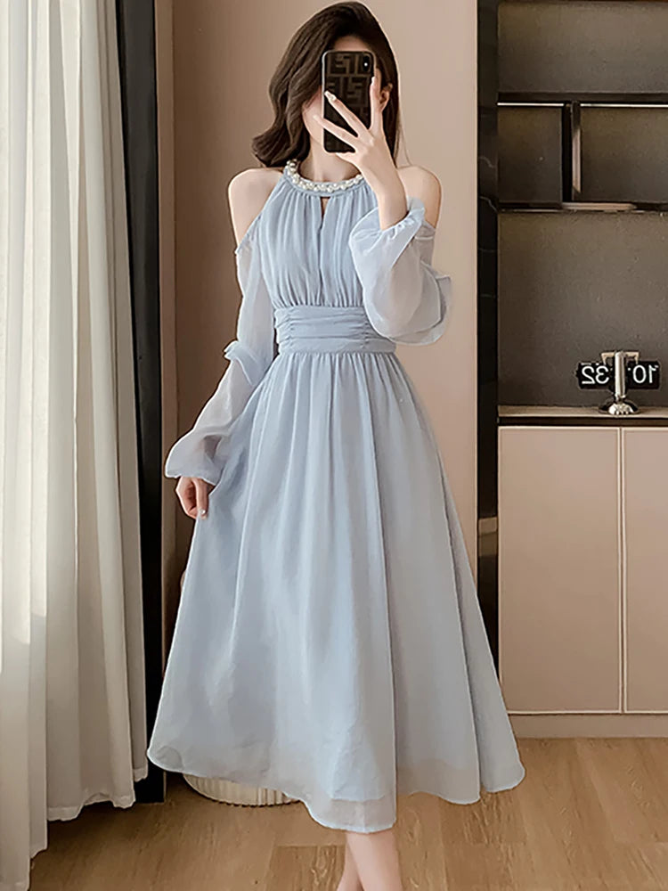Women Blue Chiffon Off Shoulder Sexy Long Dress Spring Elegant Chic Diamonds Casual Dress Korean Fashion Bodycon Prom Dress