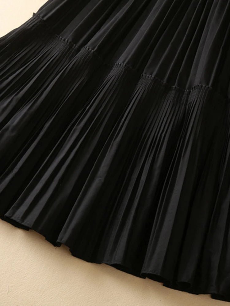 Solid Pleated Patchwork Jacquard Dresses For Women Round Neck Long Sleeve High Waist Dress Female Spring New