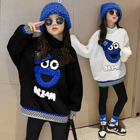 New Winter Warm Kids Girls Fleece Cartoon Sweatshirt 10 12 14 years Teenage Girls Tops Fall Winter Fashion Girls Clothing
