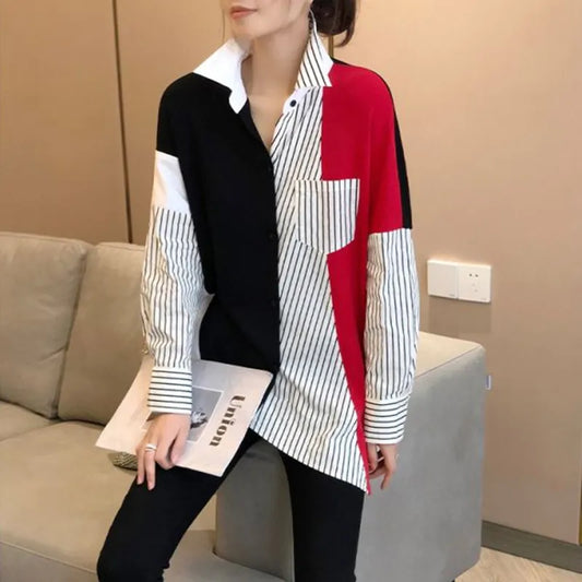 Patchwork Fashion Casual Blouse Women Long Sleeve Loose Stripe Contrast Color Lady Shirt Chic Female Tops