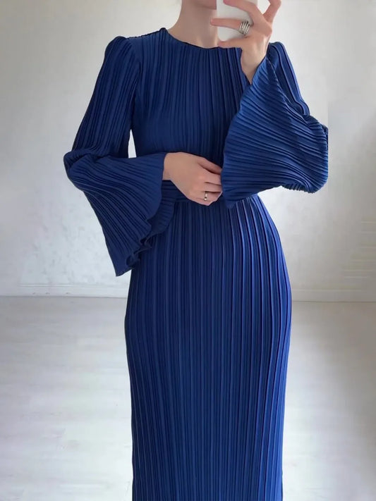 New Elegant Women's Pleated Maxi Dresses Fashion Belt Gathered Waist Solid Flare Sleeve O-neck Dress Females Party Dresses