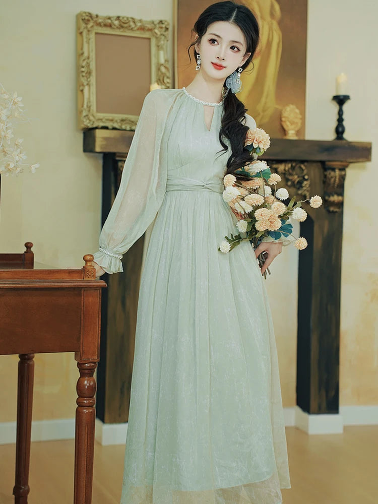 Green Chiffon Chic Diamonds V-Neck Long Dress Spring Autumn Elegant Casual Home Dresses Women Korean Fashion Party