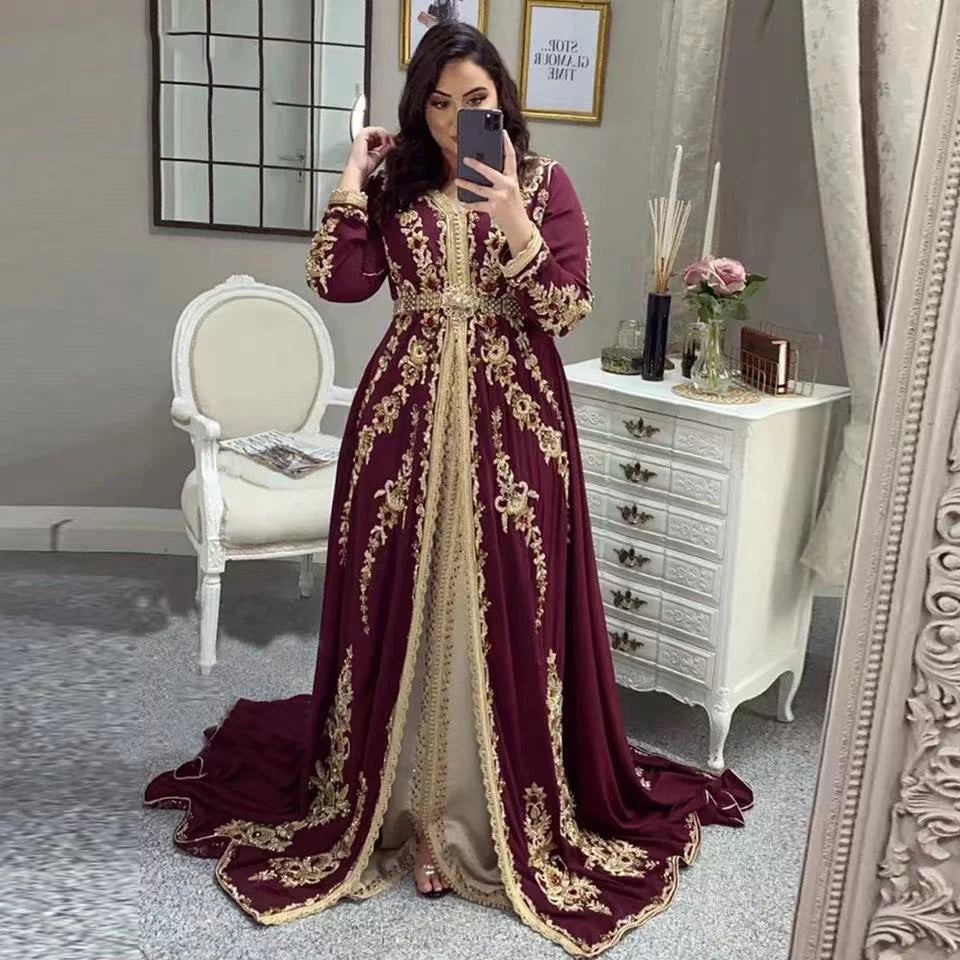 Burgundy Long Sleeves Caftan Evening Dress Elegant Women Formal Party Gown Applique Robes De Soirée Plus Size Prom